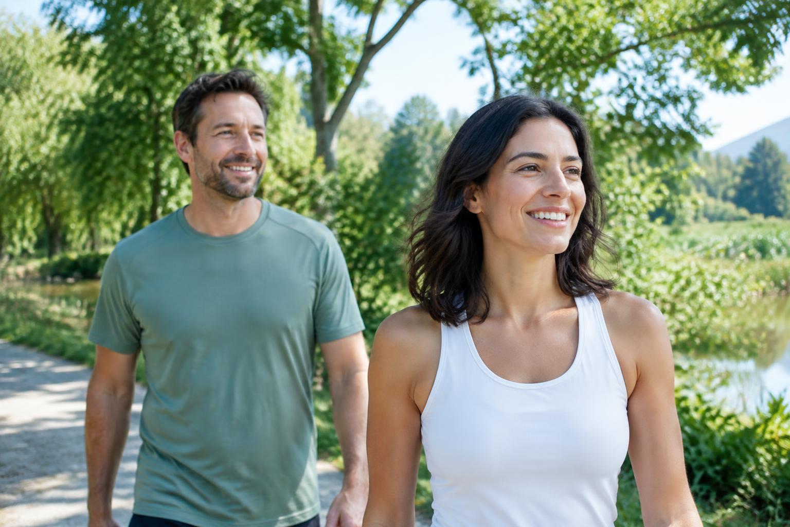 An adult woman and man enjoying a sunny morning walk in a green park